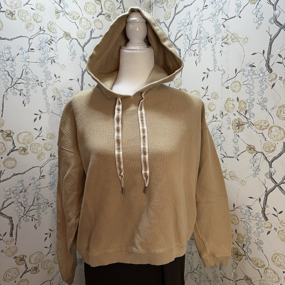 Aerie Ribbed Pullover Hoodie Sz S/P Sweatshirt Beige Tan Cropped 100% Cotton